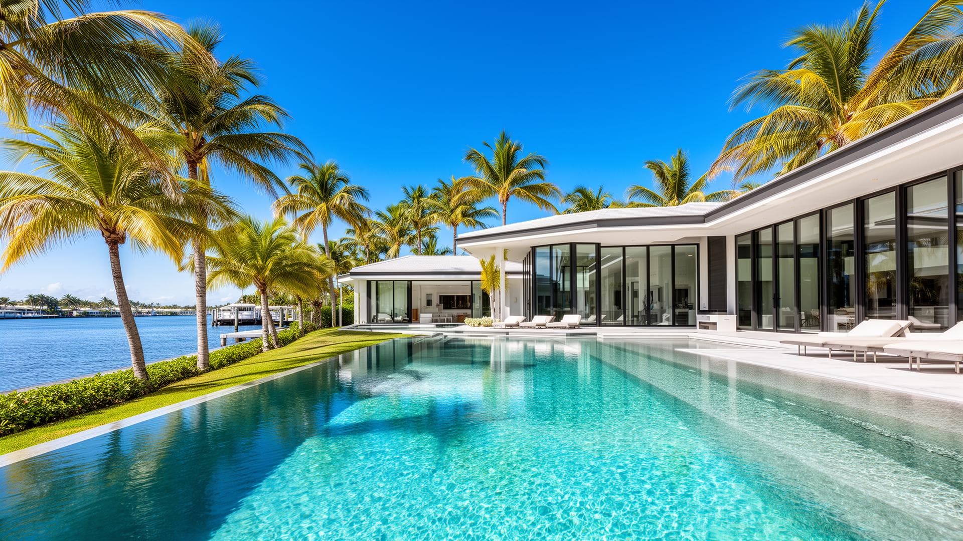 Waterfront South Florida home with pool, palms, and canal, real estate photography by GoPhotos