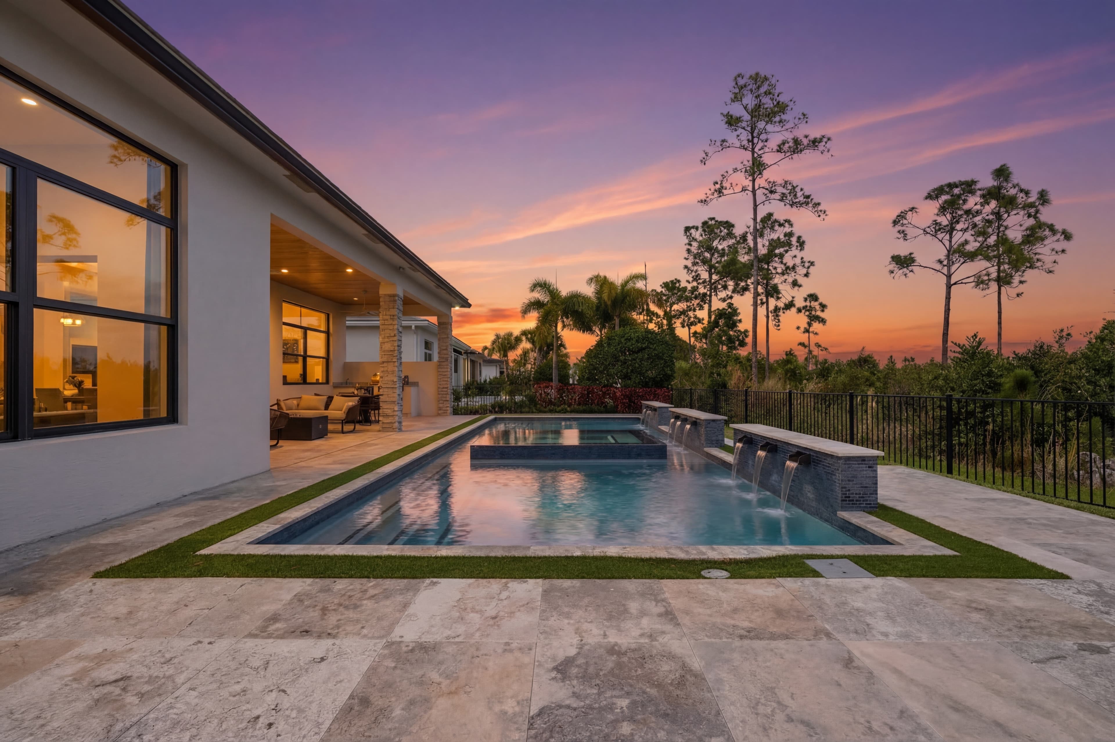 Twilight backyard pool with spa, waterfalls, and glowing house lights